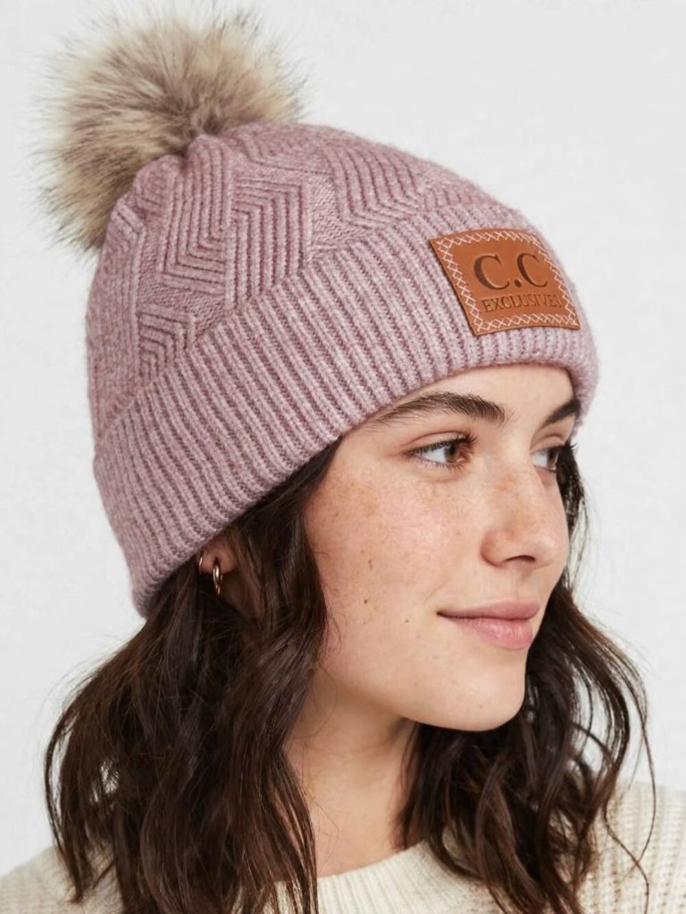 C.C Exclusives Women Beanie Hat Faux Fur Pom Soft Fleece Fuzzy Lined Mauve Pink